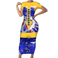Barbados Coat of Arms Short Sleeve Bodycon Dress with Yellow Blue Pelican Dolphin Graphic - Wonder Print Shop