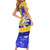 Barbados Coat of Arms Short Sleeve Bodycon Dress with Yellow Blue Pelican Dolphin Graphic - Wonder Print Shop