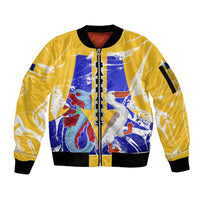 Barbados Coat of Arms Sleeve Zip Bomber Jacket with Yellow Blue Pelican Dolphin Graphic - Wonder Print Shop