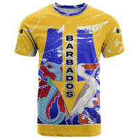Barbados Coat of Arms T Shirt with Yellow Blue Pelican Dolphin Graphic - Wonder Print Shop