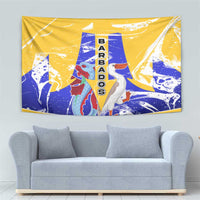 Barbados Coat of Arms Tapestry with Yellow Blue Pelican Dolphin Graphic - Wonder Print Shop