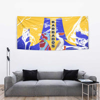 Barbados Coat of Arms Tapestry with Yellow Blue Pelican Dolphin Graphic - Wonder Print Shop