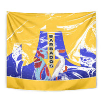 Barbados Coat of Arms Tapestry with Yellow Blue Pelican Dolphin Graphic - Wonder Print Shop