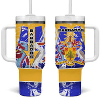 Barbados Coat of Arms Tumbler With Handle with Yellow Blue Pelican Dolphin Graphic - Wonder Print Shop