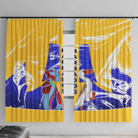 Barbados Coat of Arms Window Curtain with Yellow Blue Pelican Dolphin Graphic - Wonder Print Shop