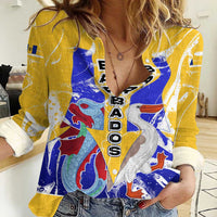 Barbados Coat of Arms Women Casual Shirt with Yellow Blue Pelican Dolphin Graphic - Wonder Print Shop