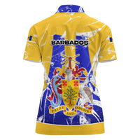 Barbados Coat of Arms Women Polo Shirt with Yellow Blue Pelican Dolphin Graphic - Wonder Print Shop