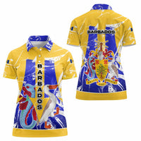 Barbados Coat of Arms Women Polo Shirt with Yellow Blue Pelican Dolphin Graphic - Wonder Print Shop