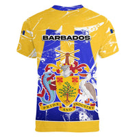 Barbados Coat of Arms Women V-Neck T-Shirt with Yellow Blue Pelican Dolphin Graphic - Wonder Print Shop