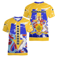Barbados Coat of Arms Women V-Neck T-Shirt with Yellow Blue Pelican Dolphin Graphic - Wonder Print Shop