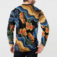 Barbados Floral Wave Button Sweatshirt with Tropical Hibiscus Print Black and Gold - Wonder Print Shop