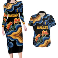 Barbados Floral Wave Couples Matching Long Sleeve Bodycon Dress and Hawaiian Shirt with Tropical Hibiscus Print Black and Gold - Wonder Print Shop