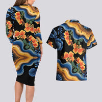Barbados Floral Wave Couples Matching Long Sleeve Bodycon Dress and Hawaiian Shirt with Tropical Hibiscus Print Black and Gold - Wonder Print Shop