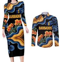 Barbados Floral Wave Couples Matching Long Sleeve Bodycon Dress and Long Sleeve Button Shirt with Tropical Hibiscus Print Black and Gold - Wonder Print Shop
