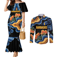 Barbados Floral Wave Couples Matching Mermaid Dress and Long Sleeve Button Shirt with Tropical Hibiscus Print Black and Gold - Wonder Print Shop