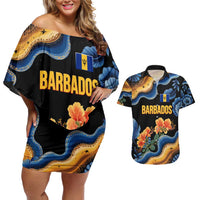 Barbados Floral Wave Couples Matching Off Shoulder Short Dress and Hawaiian Shirt with Tropical Hibiscus Print Black and Gold - Wonder Print Shop