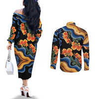Barbados Floral Wave Couples Matching Off The Shoulder Long Sleeve Dress and Long Sleeve Button Shirt with Tropical Hibiscus Print Black and Gold - Wonder Print Shop