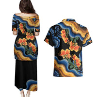 Barbados Floral Wave Couples Matching Puletasi and Hawaiian Shirt with Tropical Hibiscus Print Black and Gold - Wonder Print Shop