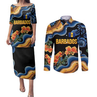 Barbados Floral Wave Couples Matching Puletasi and Long Sleeve Button Shirt with Tropical Hibiscus Print Black and Gold - Wonder Print Shop