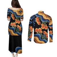 Barbados Floral Wave Couples Matching Puletasi and Long Sleeve Button Shirt with Tropical Hibiscus Print Black and Gold - Wonder Print Shop