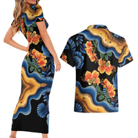 Barbados Floral Wave Couples Matching Short Sleeve Bodycon Dress and Hawaiian Shirt with Tropical Hibiscus Print Black and Gold - Wonder Print Shop