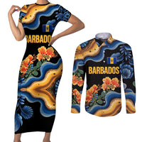 Barbados Floral Wave Couples Matching Short Sleeve Bodycon Dress and Long Sleeve Button Shirt with Tropical Hibiscus Print Black and Gold - Wonder Print Shop