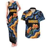 Barbados Floral Wave Couples Matching Tank Maxi Dress and Hawaiian Shirt with Tropical Hibiscus Print Black and Gold - Wonder Print Shop