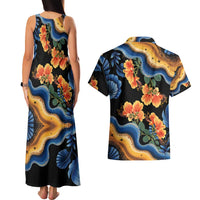 Barbados Floral Wave Couples Matching Tank Maxi Dress and Hawaiian Shirt with Tropical Hibiscus Print Black and Gold - Wonder Print Shop