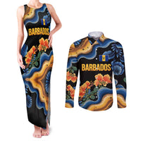 Barbados Floral Wave Couples Matching Tank Maxi Dress and Long Sleeve Button Shirt with Tropical Hibiscus Print Black and Gold - Wonder Print Shop
