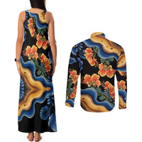 Barbados Floral Wave Couples Matching Tank Maxi Dress and Long Sleeve Button Shirt with Tropical Hibiscus Print Black and Gold - Wonder Print Shop