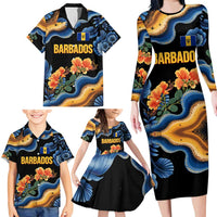 Barbados Floral Wave Family Matching Long Sleeve Bodycon Dress and Hawaiian Shirt with Tropical Hibiscus Print Black and Gold - Wonder Print Shop