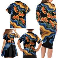 Barbados Floral Wave Family Matching Long Sleeve Bodycon Dress and Hawaiian Shirt with Tropical Hibiscus Print Black and Gold - Wonder Print Shop