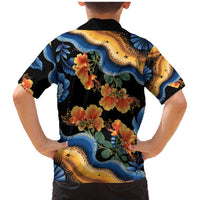 Barbados Floral Wave Family Matching Mermaid Dress and Hawaiian Shirt with Tropical Hibiscus Print Black and Gold - Wonder Print Shop