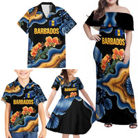 Barbados Floral Wave Family Matching Off Shoulder Maxi Dress and Hawaiian Shirt with Tropical Hibiscus Print Black and Gold - Wonder Print Shop