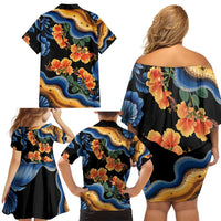 Barbados Floral Wave Family Matching Off Shoulder Short Dress and Hawaiian Shirt with Tropical Hibiscus Print Black and Gold - Wonder Print Shop