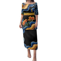 Barbados Floral Wave Family Matching Puletasi and Hawaiian Shirt with Tropical Hibiscus Print Black and Gold - Wonder Print Shop