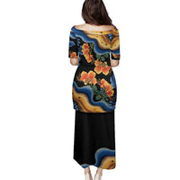 Barbados Floral Wave Family Matching Puletasi and Hawaiian Shirt with Tropical Hibiscus Print Black and Gold - Wonder Print Shop