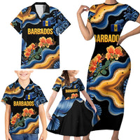 Barbados Floral Wave Family Matching Short Sleeve Bodycon Dress and Hawaiian Shirt with Tropical Hibiscus Print Black and Gold - Wonder Print Shop