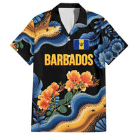 Barbados Floral Wave Family Matching Short Sleeve Bodycon Dress and Hawaiian Shirt with Tropical Hibiscus Print Black and Gold - Wonder Print Shop