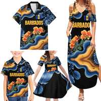 Barbados Floral Wave Family Matching Summer Maxi Dress and Hawaiian Shirt with Tropical Hibiscus Print Black and Gold - Wonder Print Shop