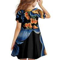 Barbados Floral Wave Kid Short Sleeve Dress with Tropical Hibiscus Print Black and Gold - Wonder Print Shop