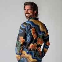 Barbados Floral Wave Long Sleeve Polo Shirt with Tropical Hibiscus Print Black and Gold - Wonder Print Shop