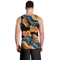 Barbados Floral Wave Men Tank Top with Tropical Hibiscus Print Black and Gold - Wonder Print Shop