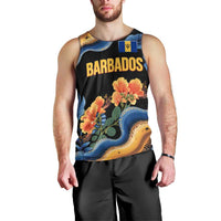 Barbados Floral Wave Men Tank Top with Tropical Hibiscus Print Black and Gold - Wonder Print Shop