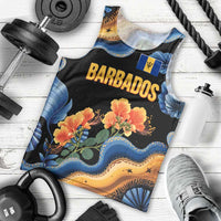 Barbados Floral Wave Men Tank Top with Tropical Hibiscus Print Black and Gold - Wonder Print Shop