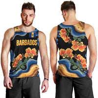 Barbados Floral Wave Men Tank Top with Tropical Hibiscus Print Black and Gold - Wonder Print Shop