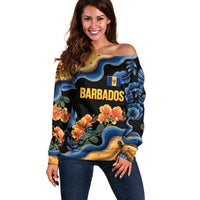 Barbados Floral Wave Off Shoulder Sweater with Tropical Hibiscus Print Black and Gold - Wonder Print Shop