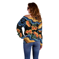 Barbados Floral Wave Off Shoulder Sweater with Tropical Hibiscus Print Black and Gold - Wonder Print Shop