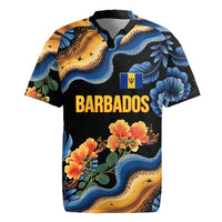 Barbados Floral Wave Rugby Jersey with Tropical Hibiscus Print Black and Gold - Wonder Print Shop