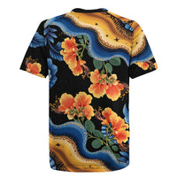 Barbados Floral Wave Rugby Jersey with Tropical Hibiscus Print Black and Gold - Wonder Print Shop